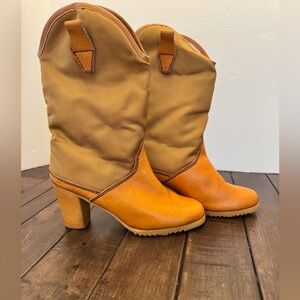 Vintage Isba Leather Fur Lined Tan Chunky Heeled Cowboy Western Boot Block